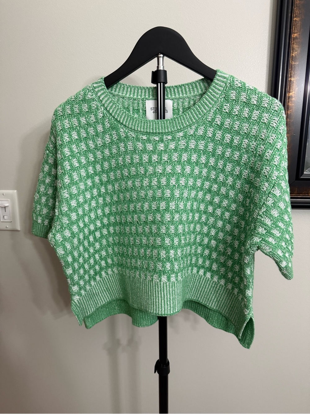 Stitches $ Stripes Boxy Crewneck Sweater in Green & White Woven Check